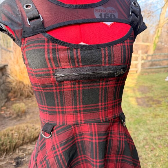 Killstar Red Plaid Mesh & Faux Leather Strap Skater Dress - Picture 2 of 13
